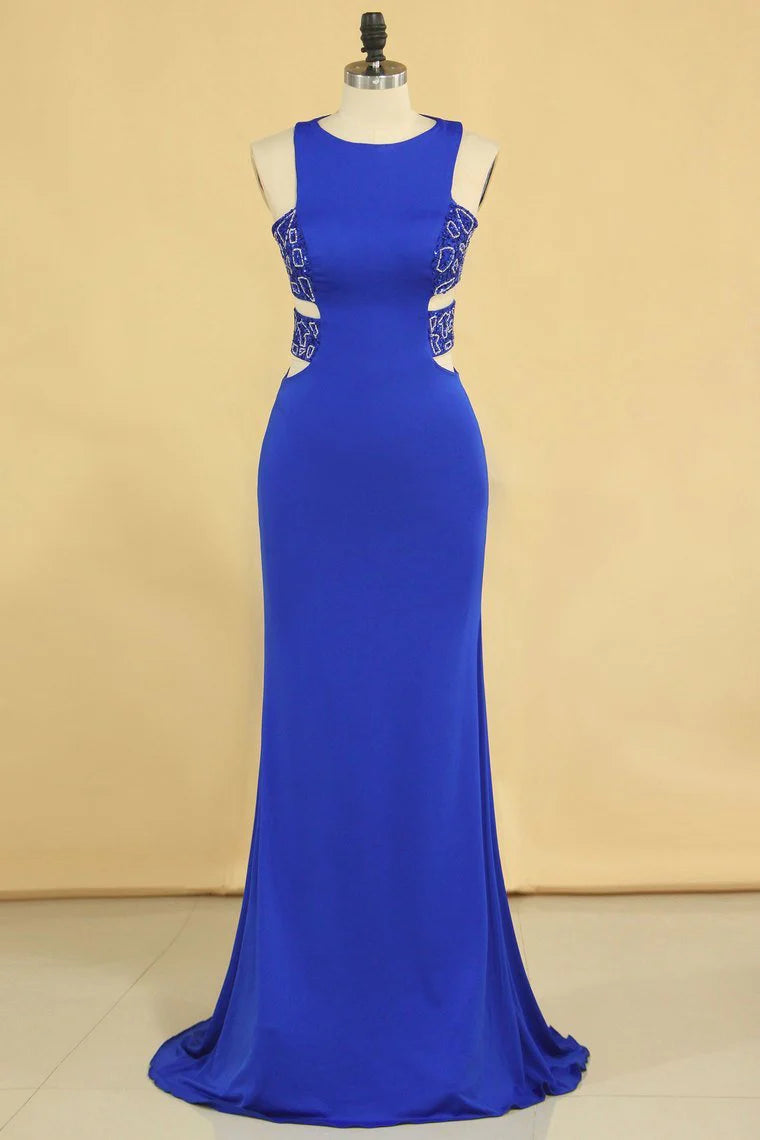 Plus Size New Arrival Scoop Party Dresses Dark Royal Blue Mermaid Spandex With Beading Sweep Train